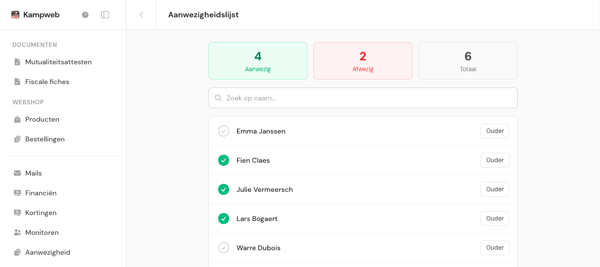 Digitale aanwezigheidslijsten voor elk kamp in Kampweb
