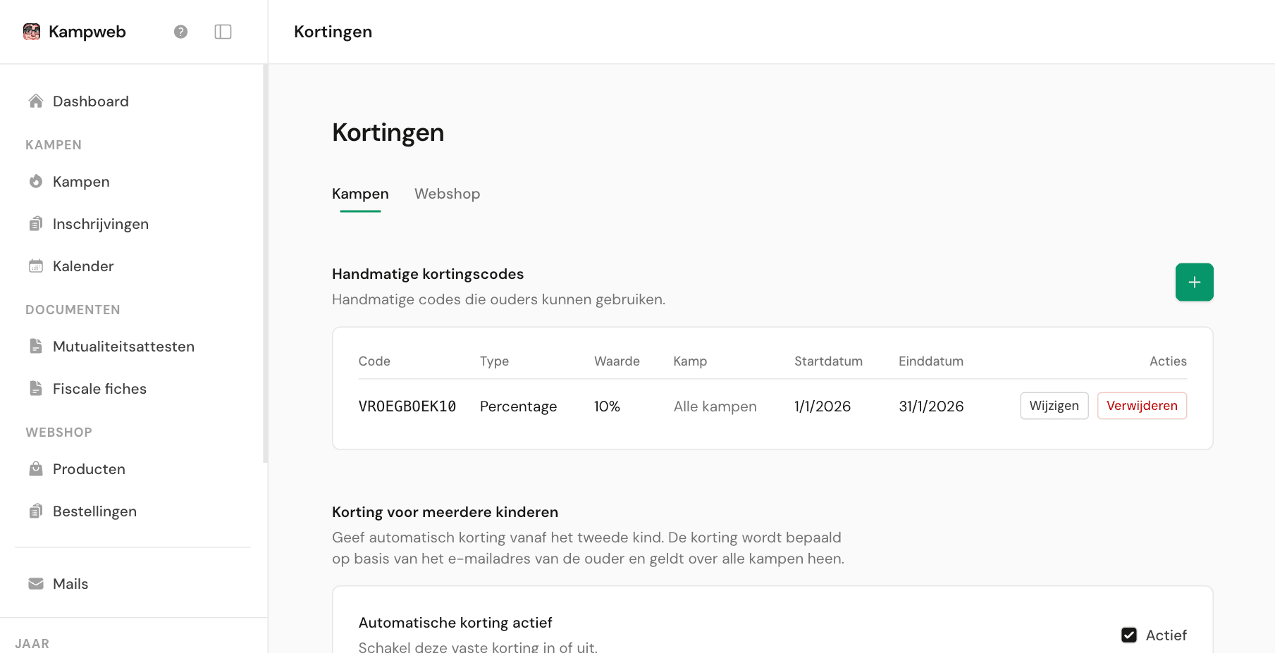Kortingen en automatische gezinskorting toepassen in Kampweb