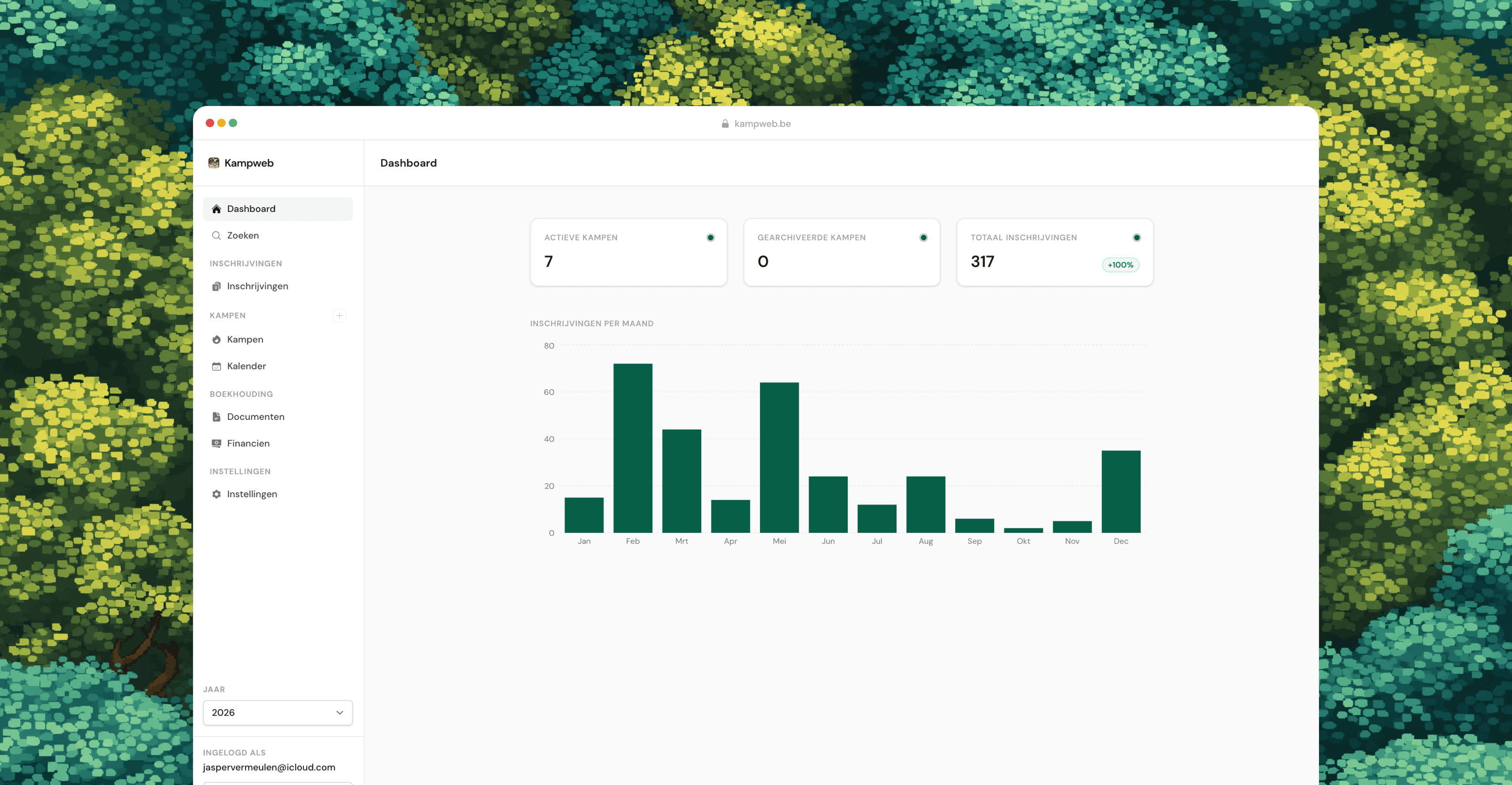 Dashboard met deelnemersdata en statussen in Kampweb