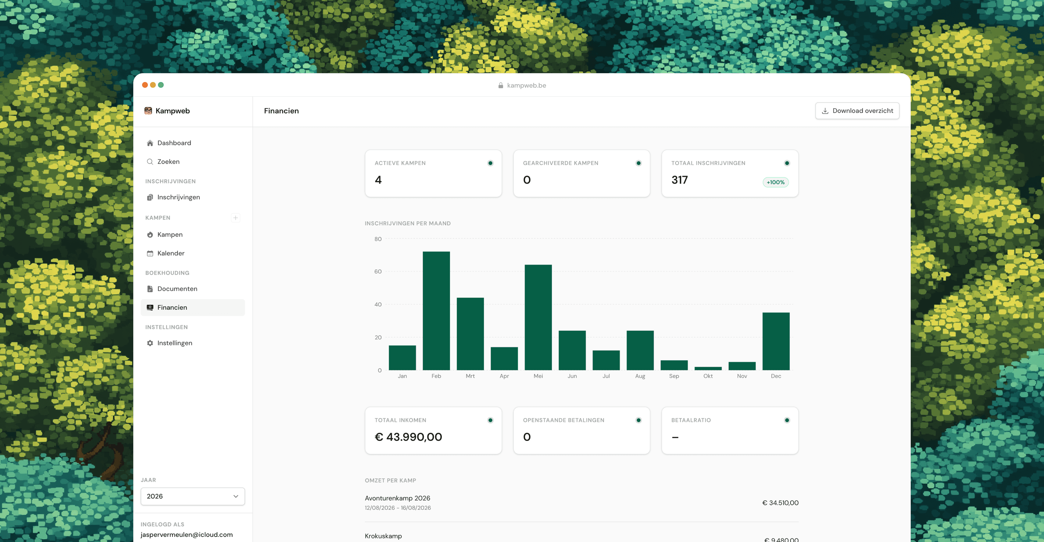 Overzicht van betalingen en administratie voor sportkampen