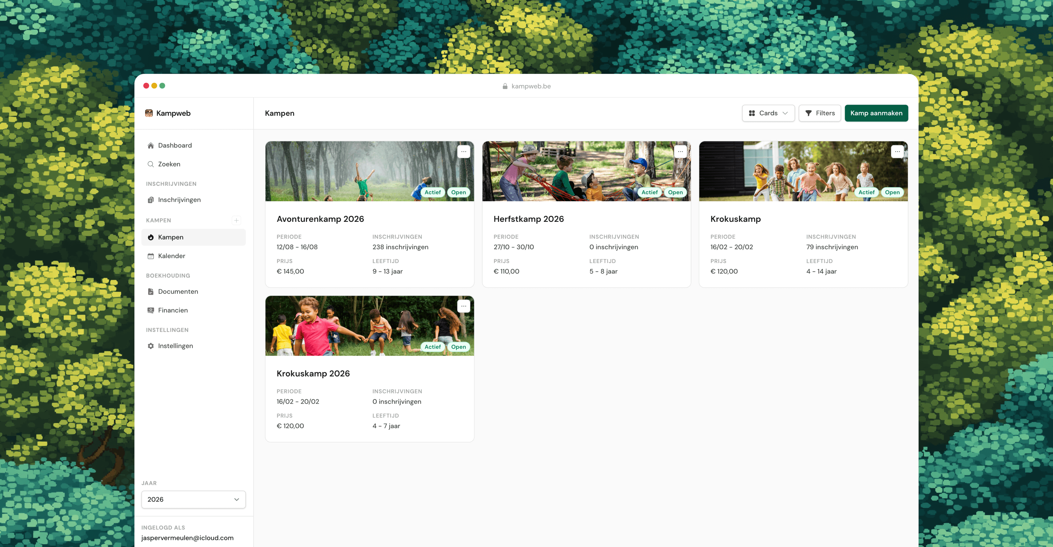 Overzicht van kampen en beschikbare plaatsen in Kampweb