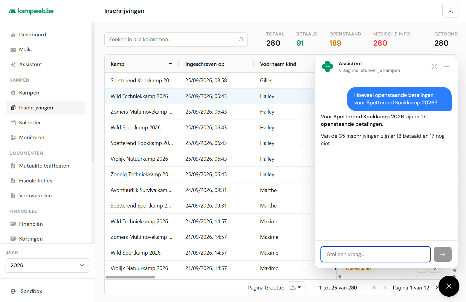 De assistent als widget boven de inschrijvingentabel, met een antwoord over openstaande betalingen