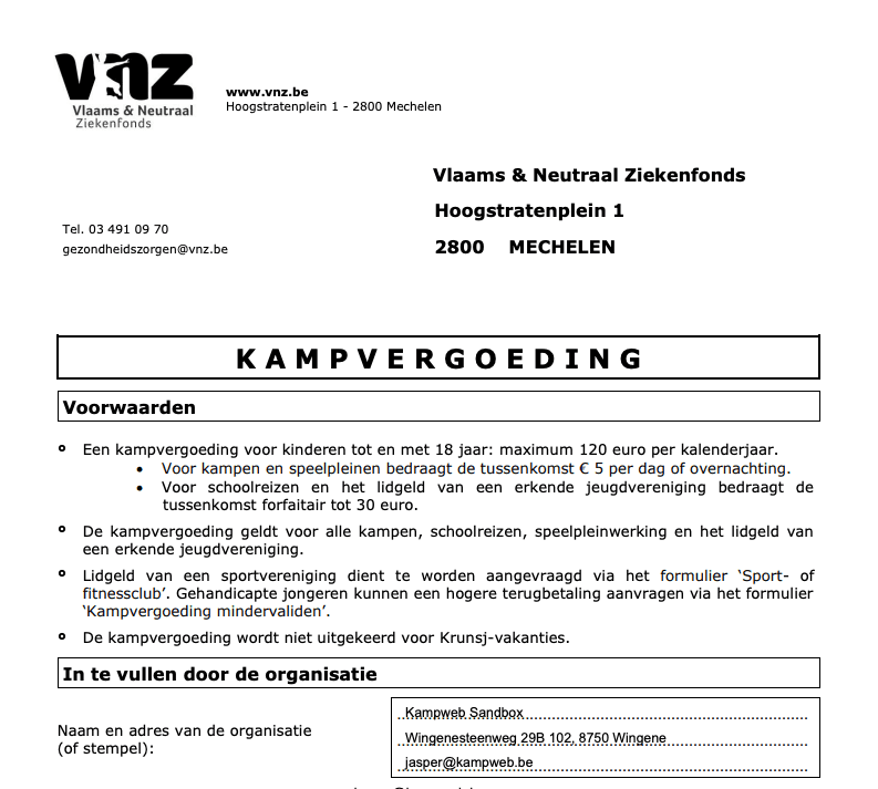 Een ingevuld mutualiteitsattest (kampvergoeding) met de gegevens van de organisatie