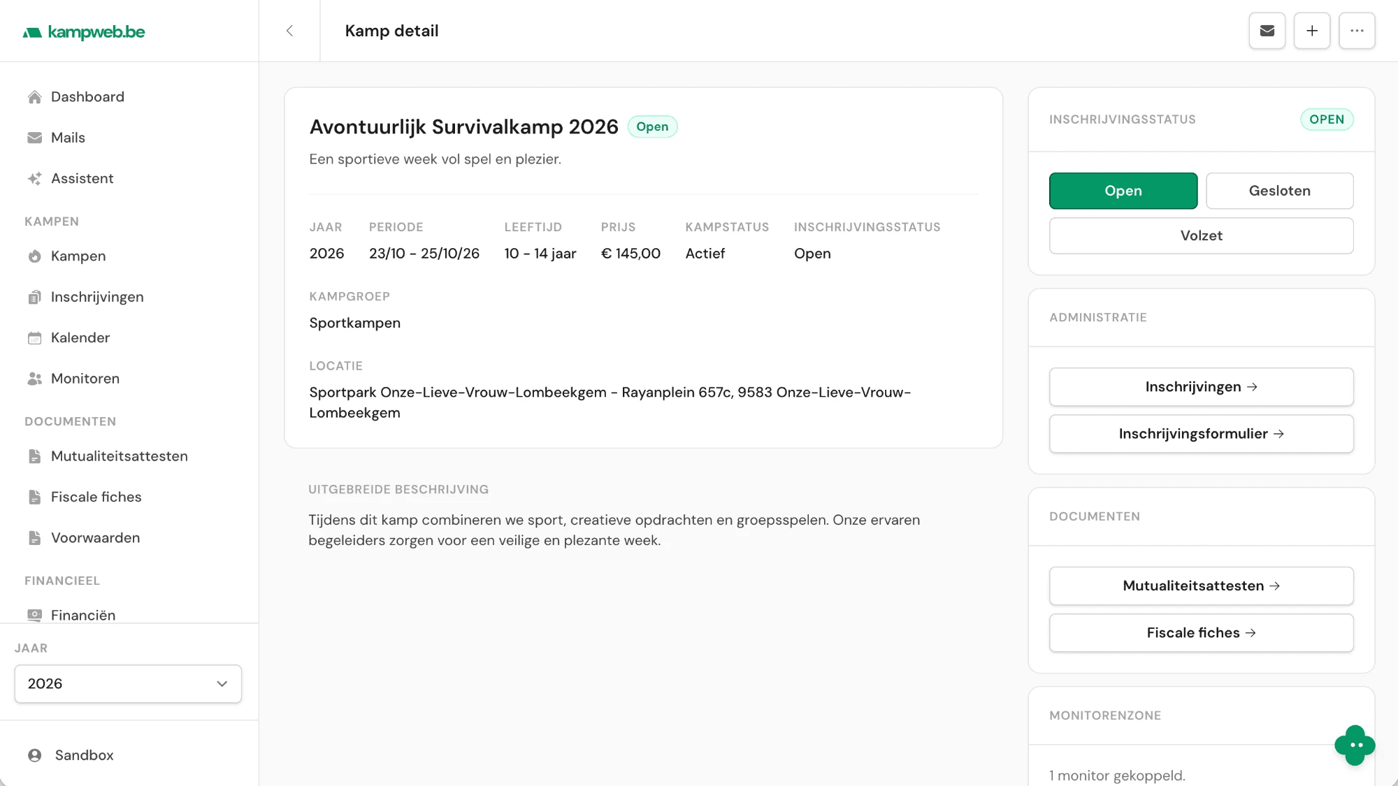 De detailpagina van een kamp
