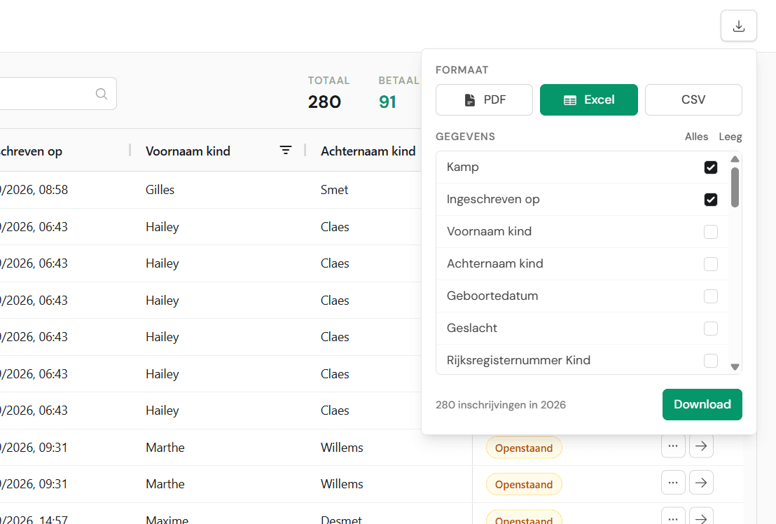 Het exportmenu met keuze voor PDF, Excel of CSV en de gewenste kolommen