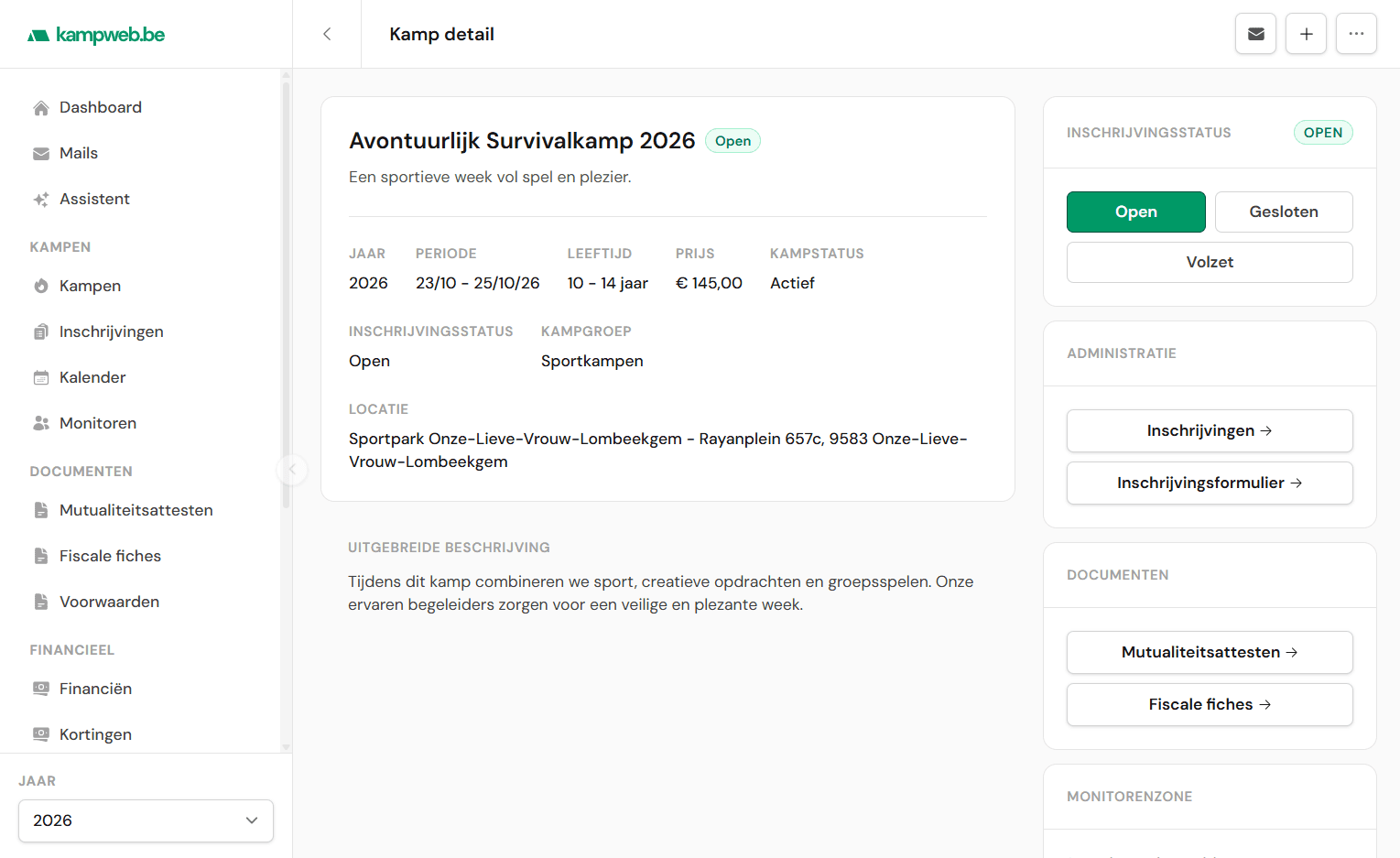 De detailpagina van een kamp met status, administratie en documenten