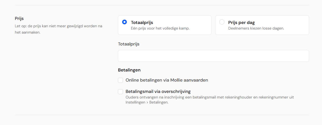 De prijsinstellingen met keuze tussen totaalprijs en prijs per dag