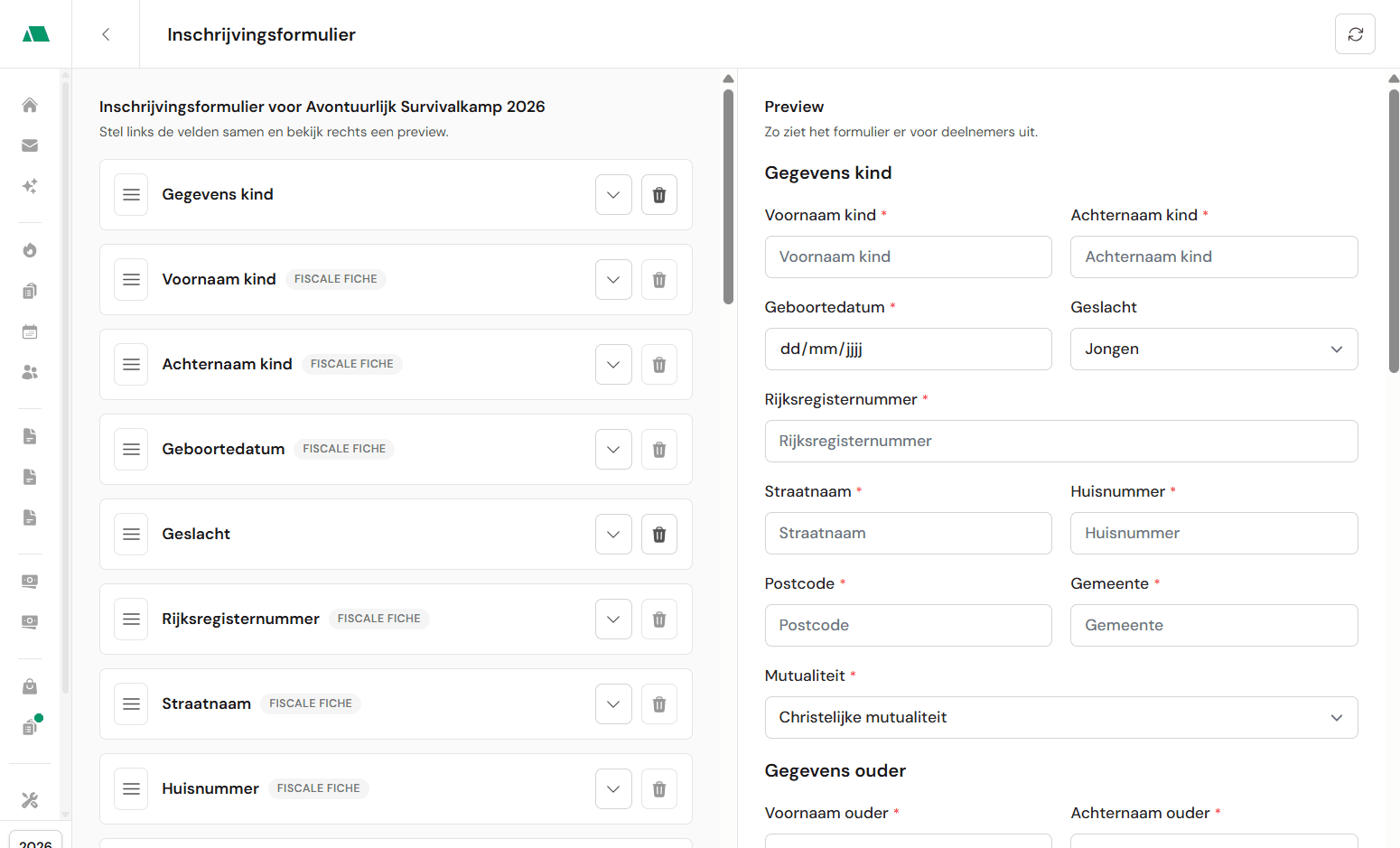 De FormBuilder met links de velden en rechts een preview van het formulier