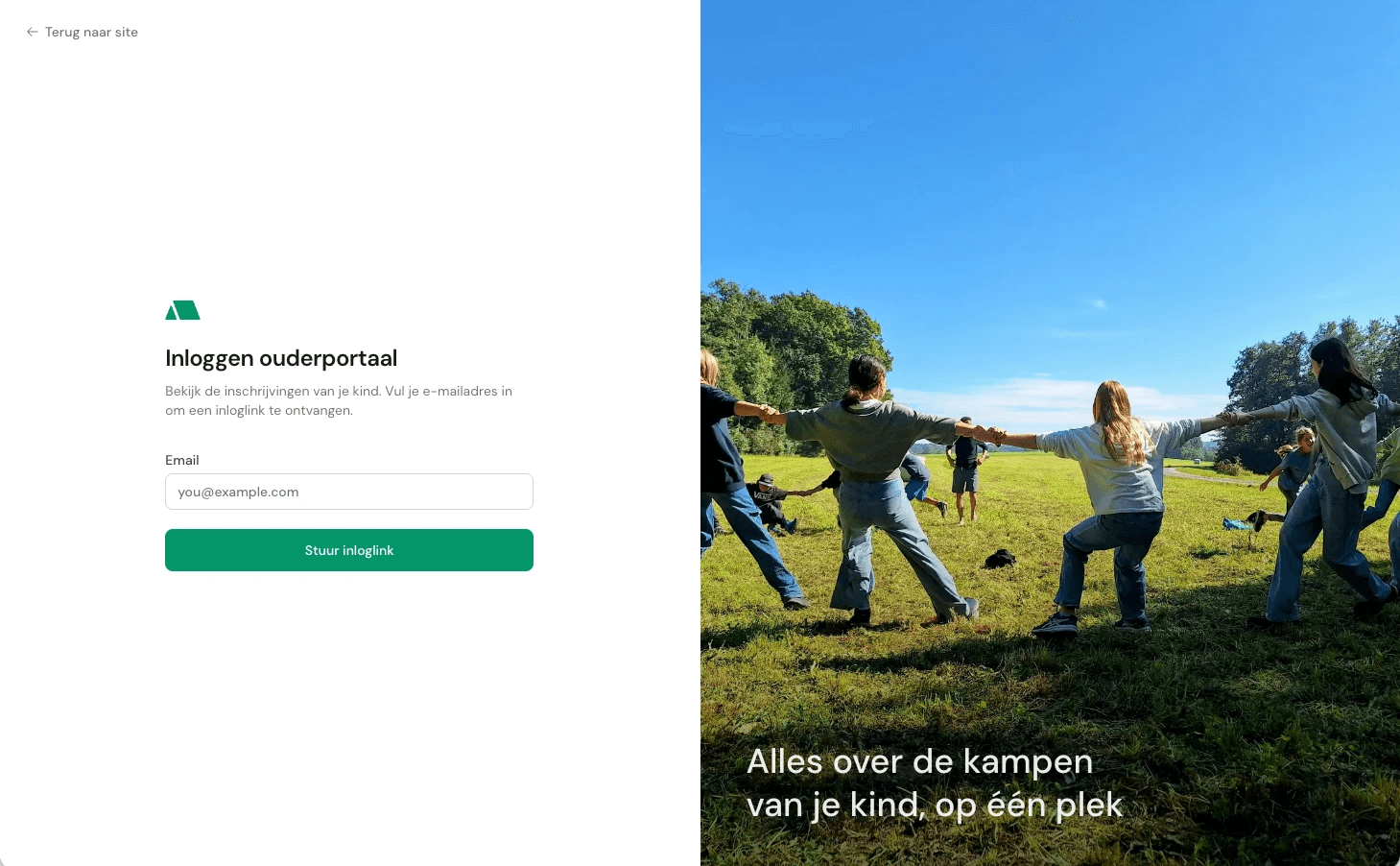 Het inlogscherm van het ouderportaal met een veld voor het e-mailadres en de knop Stuur inloglink