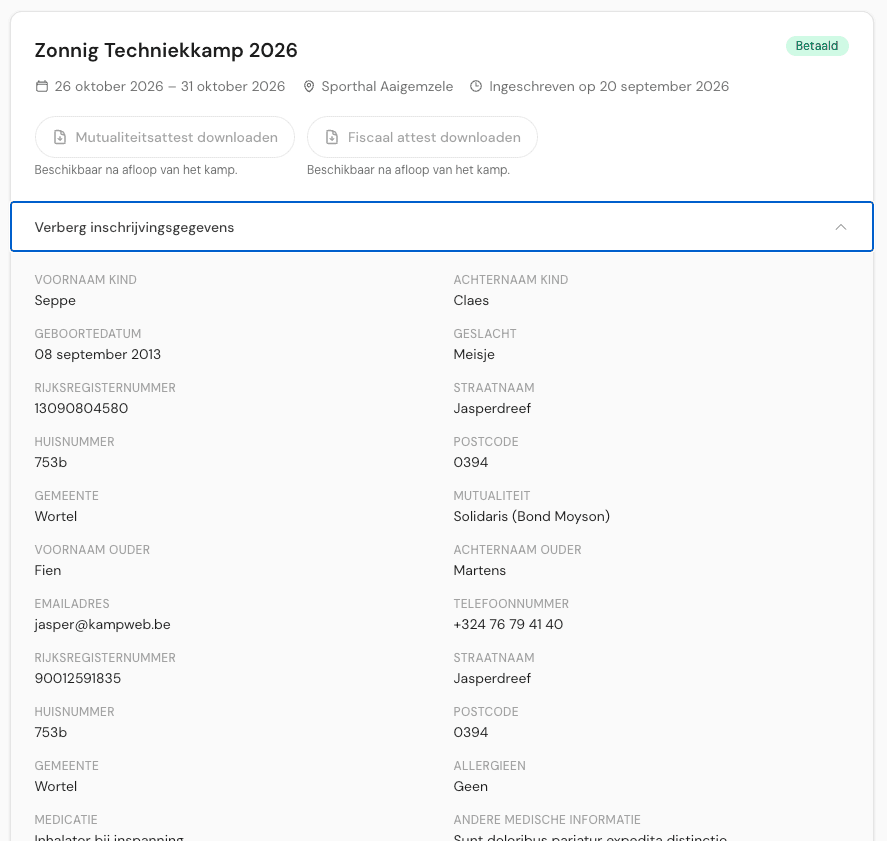 Een uitgeklapte inschrijving met alle ingevulde antwoorden van het inschrijvingsformulier