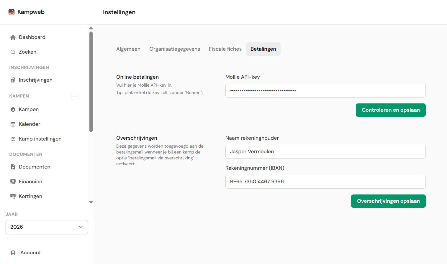 Betalingsinstellingen pagina met Mollie API-sleutel veld en IBAN sectie