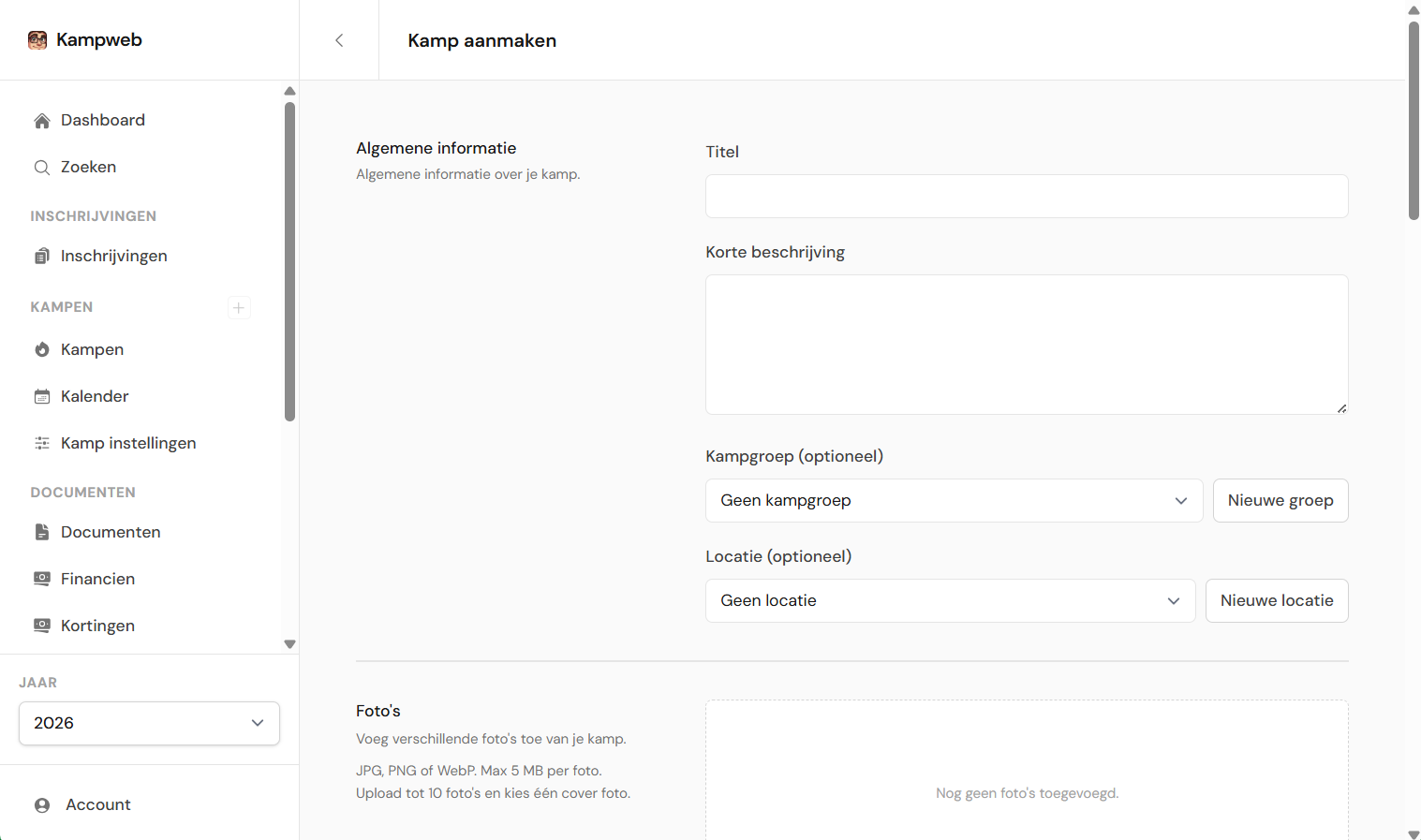 Sectie algemene informatie met ingevulde velden voor titel, beschrijving, kampgroep en locatie