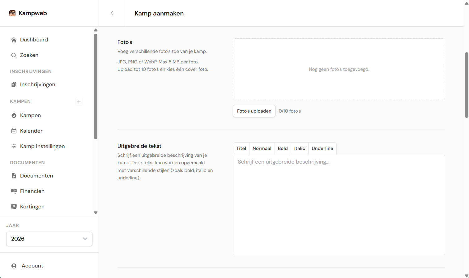 Foto-upload sectie met een voorbeeldfoto en coverfoto ingesteld