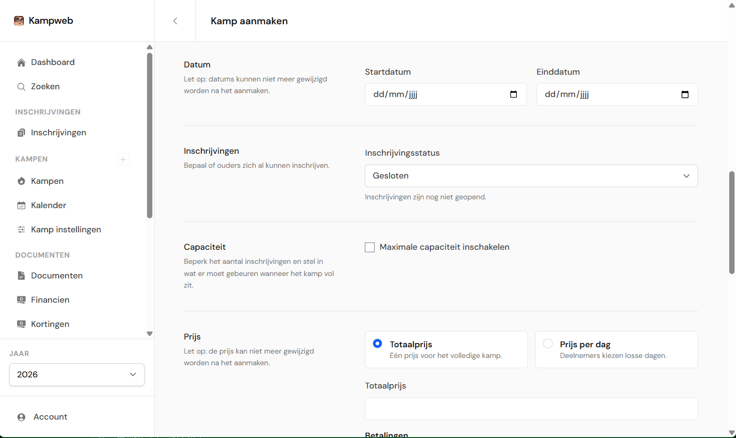 Datumsectie met startdatum en einddatum ingevuld