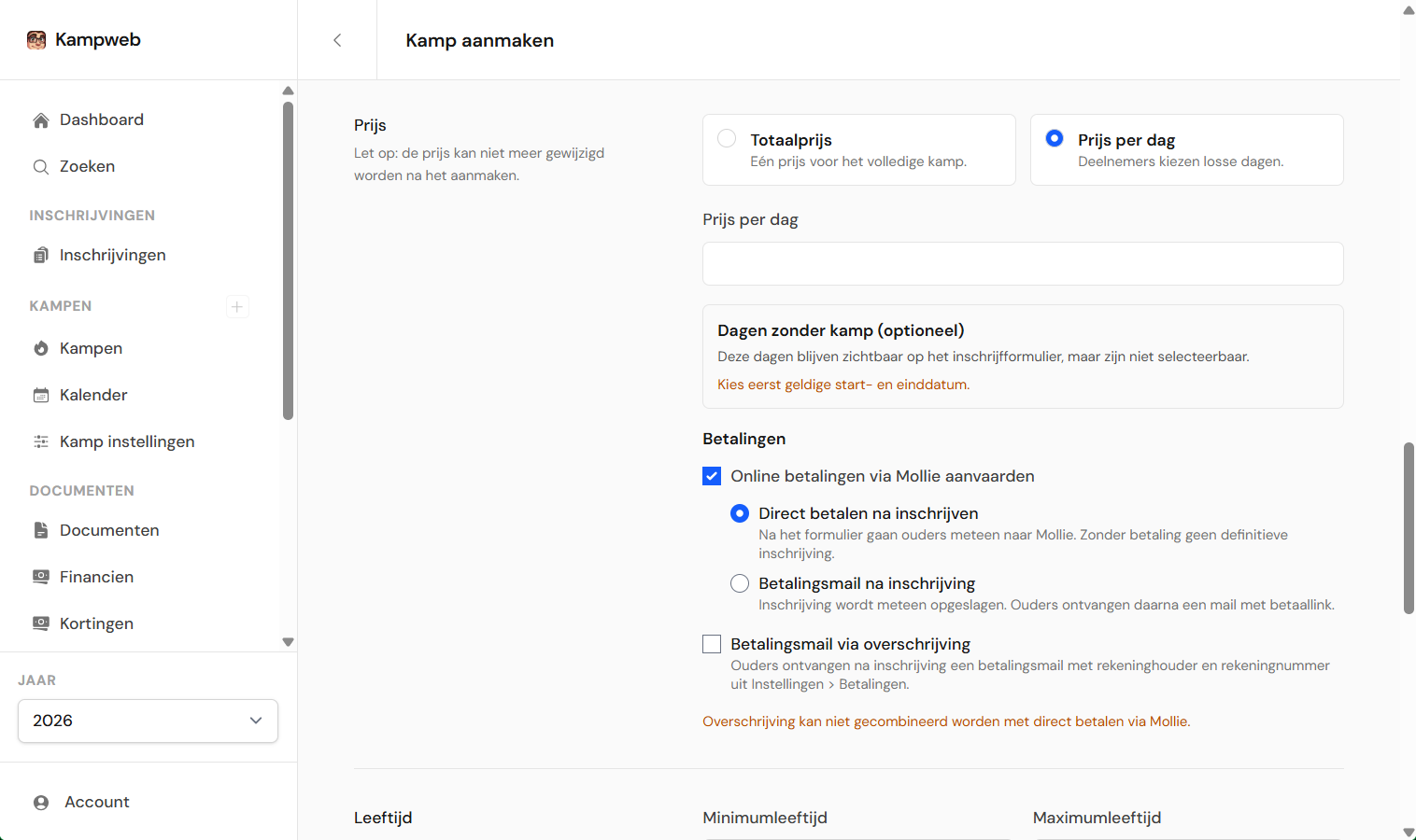 Betalingsopties met Mollie aangevinkt en de twee betaalflow-opties