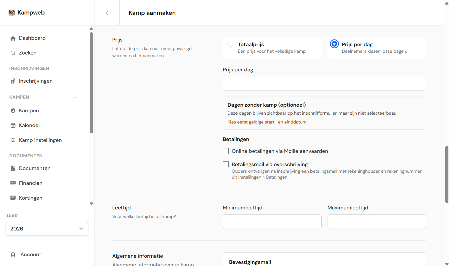 Prijssectie met Prijs per dag geselecteerd en de dagenlijst zichtbaar